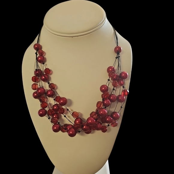 Red Glass Cluster Multistrand Statement Necklace - Picture 4 of 4
